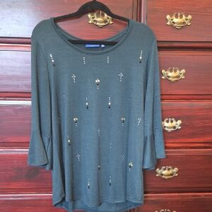 Apt. 9 Dark Green  Embellished  3/4 Sleeve Top